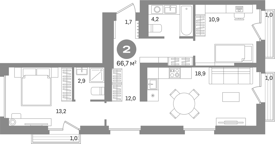 2-комн., 63.7 м², 5/8 этаж, ЖК «Первый квартал. Вторая очередь»