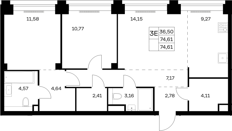 3-комн., 74.61 м², 26/32 этаж, ЖК «НОВА»