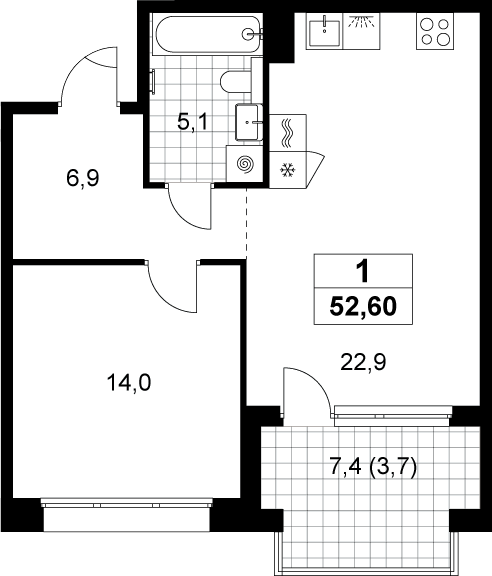 2-комн., 48.9 м², 5/8 этаж, ЖК «Хольм»