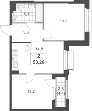 2-комн., 51.8 м², 10/23 этаж, ЖК «Южные сады»