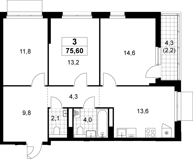 3-комн., 73.4 м², 10/19 этаж, ЖК «Деснаречье»