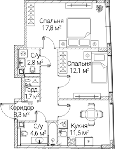 2-комн., 58.9 м², 35/41 этаж, ЖК «СЕЗАР БУДУЩЕЕ»