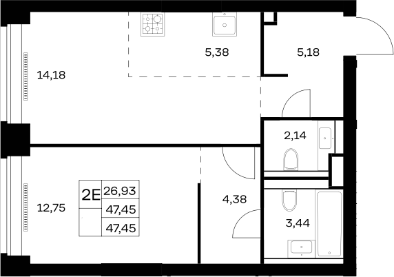 2-комн., 47.45 м², 23/40 этаж, ЖК «НОВА»