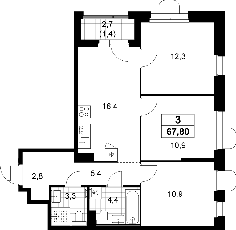 4+ комнаты, 66.4 м², 3/14 этаж, ЖК «Прокшино»