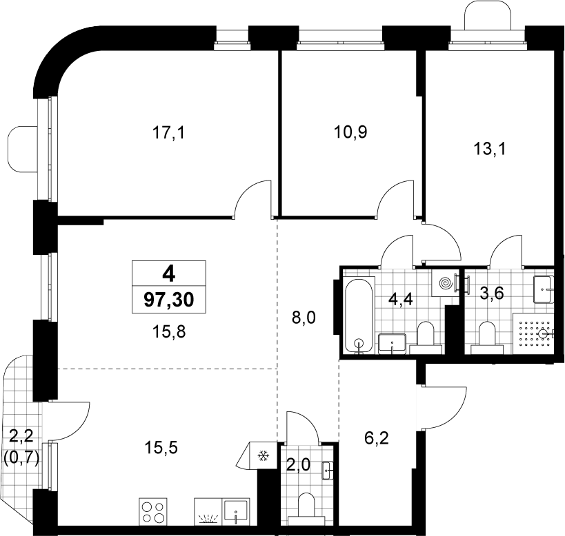 4+ комнаты, 96.6 м², 12/14 этаж, ЖК «Прокшино»