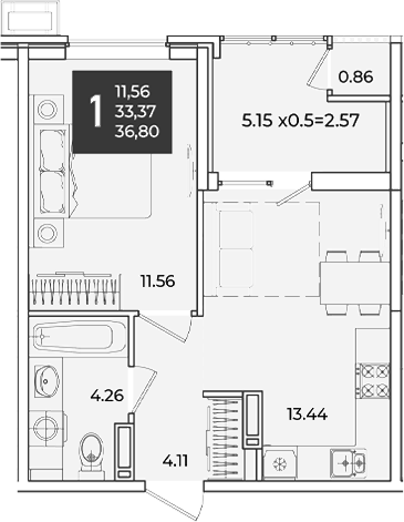 1-комн. квартира, 33.37 м² в ЖК Образцово — фото 2