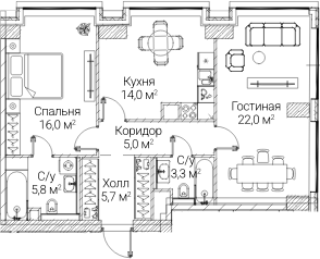 2-комн., 71.51 м², 18/60 этаж, ЖК «СЕЗАР БУДУЩЕЕ»