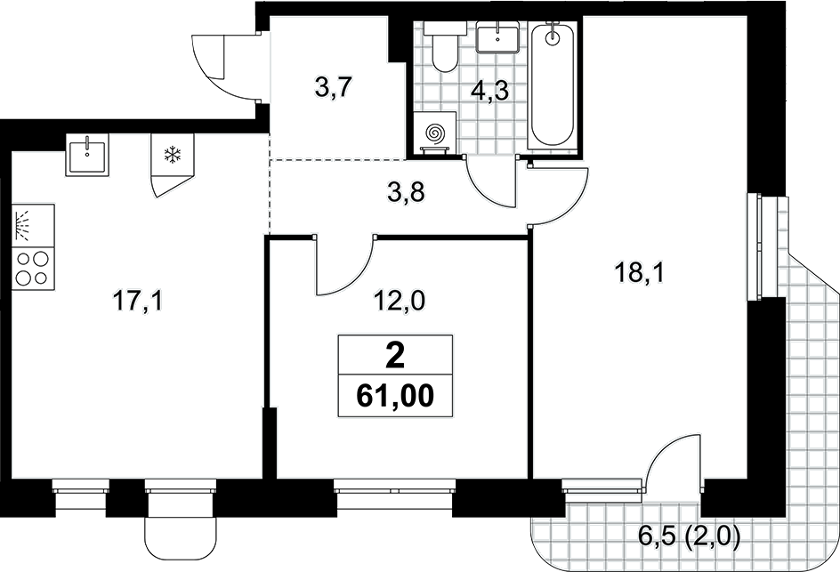 3-комн., 59 м², 7/10 этаж, ЖК «Прокшино»