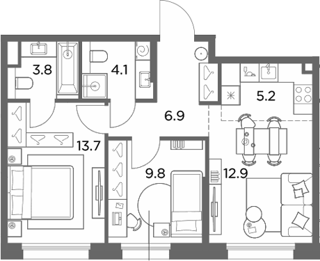 3-комн., 56.4 м², 5/6 этаж, ЖК «Станиславский»