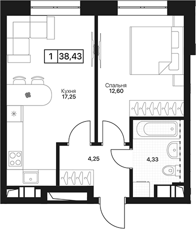 1-комн., 38.43 м², 8/17 этаж, ЖК «Пушкино Град»