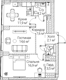 2-комн., 61.94 м², 15/60 этаж, ЖК «СЕЗАР БУДУЩЕЕ»