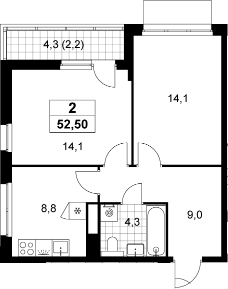 2-комн., 50.3 м², 7/15 этаж, ЖК «Деснаречье»
