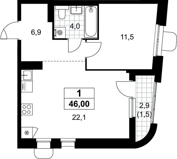 2-комн., 44.5 м², 13/16 этаж, ЖК «Прокшино»