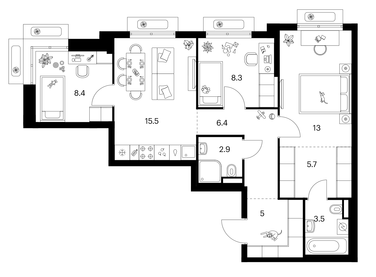 3-комн., 68.7 м², 12/25 этаж, ЖК «Ярославский»
