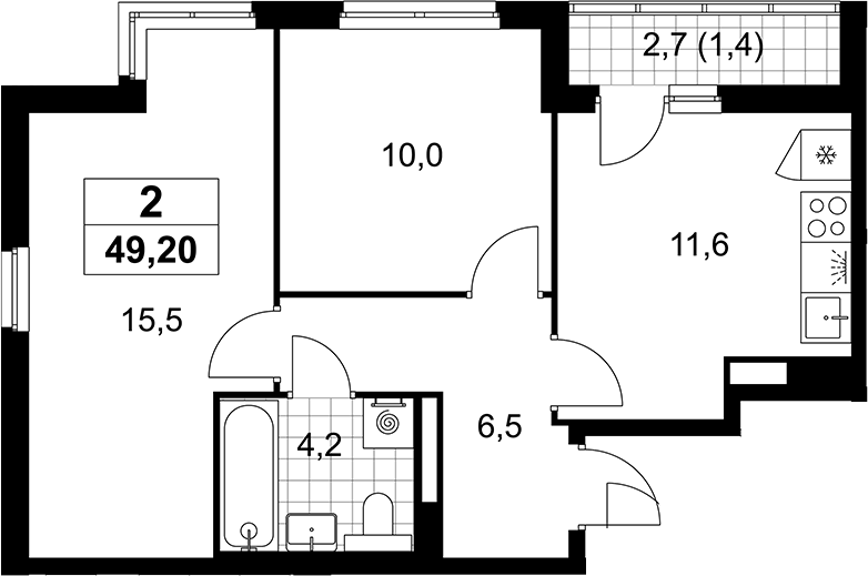 2-комн., 47.8 м², 9/12 этаж, ЖК «Деснаречье»