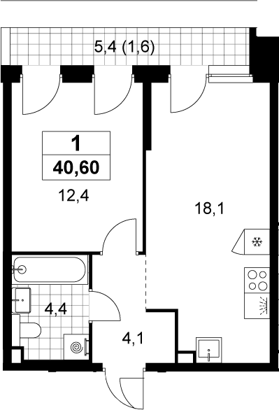 1-комн., 39 м², 2/12 этаж, ЖК «Деснаречье»