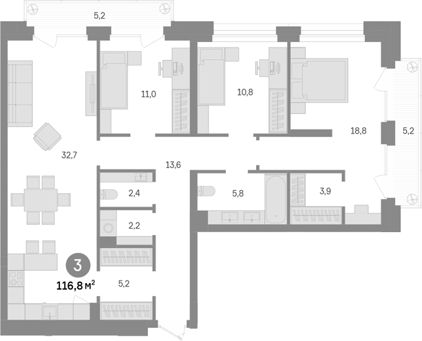 3-комн., 106.4 м², 21/43 этаж, ЖК «Квартал Издание»