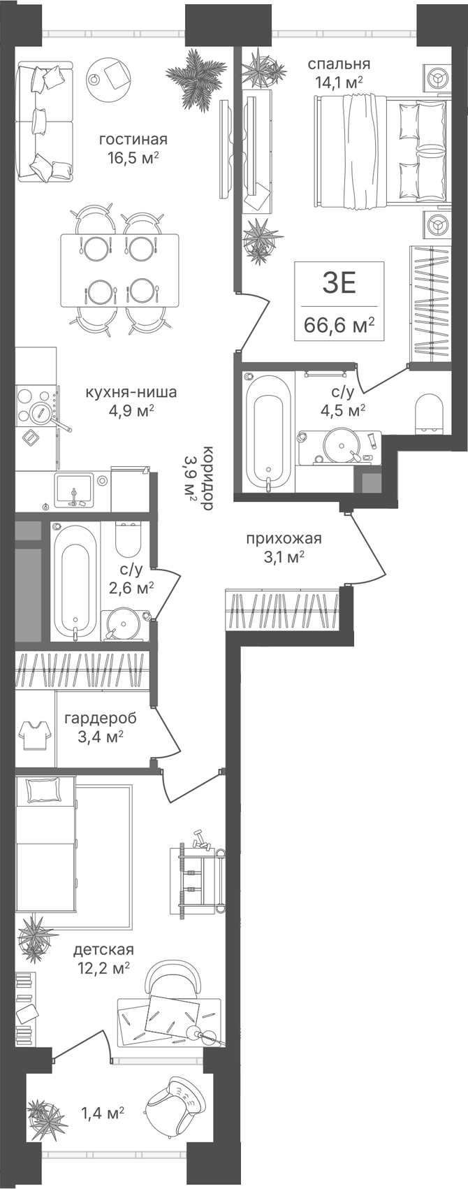 3-комн., 65.2 м², 14/18 этаж, ЖК «Михалковский»