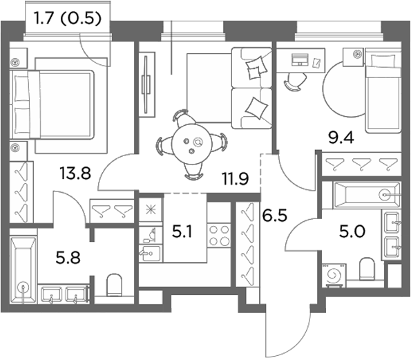 3-комн., 57.5 м², 6/6 этаж, ЖК «Станиславский»