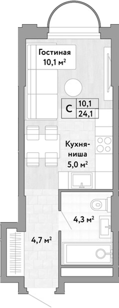Студия, 24.1 м², 11/29 этаж, ЖК «Новые Смыслы»