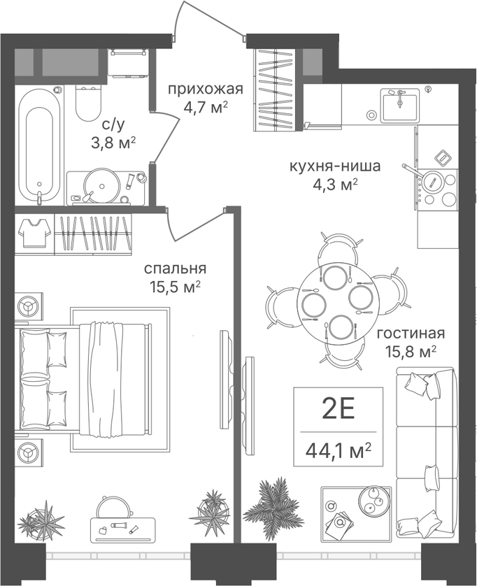 2-комн., 44.1 м², 11/18 этаж, ЖК «Михалковский»