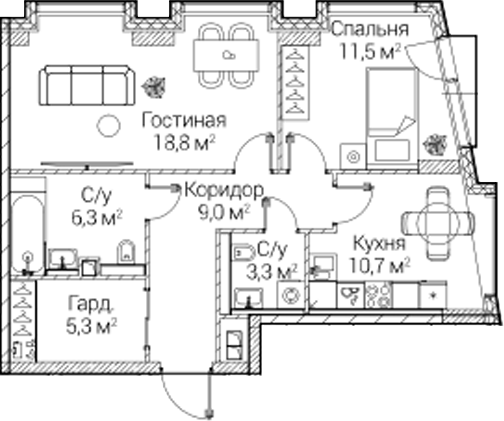 2-комн., 64.78 м², 16/41 этаж, ЖК «СЕЗАР БУДУЩЕЕ»