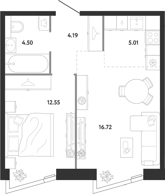 1-комн., 42.97 м², 3/12 этаж, ЖК «Ридж»