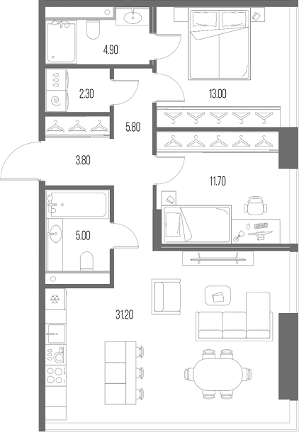 2-комн., 77.7 м², 2/12 этаж, ЖК «Северный Порт»