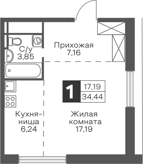 Студия, 34.44 м², 3/31 этаж, ЖК «Гранель Тринити»