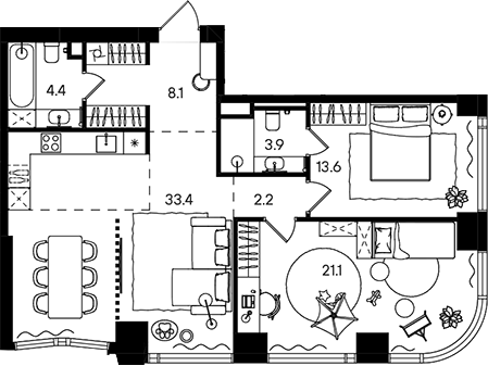 3-комн., 86.7 м², 30/50 этаж, ЖК «СТОУН Блик»