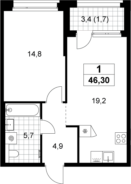 2-комн., 44.6 м², 6/8 этаж, ЖК «Хольм»
