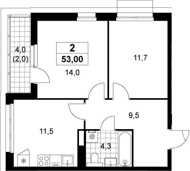 2-комн., 51 м², 14/19 этаж, ЖК «Деснаречье»