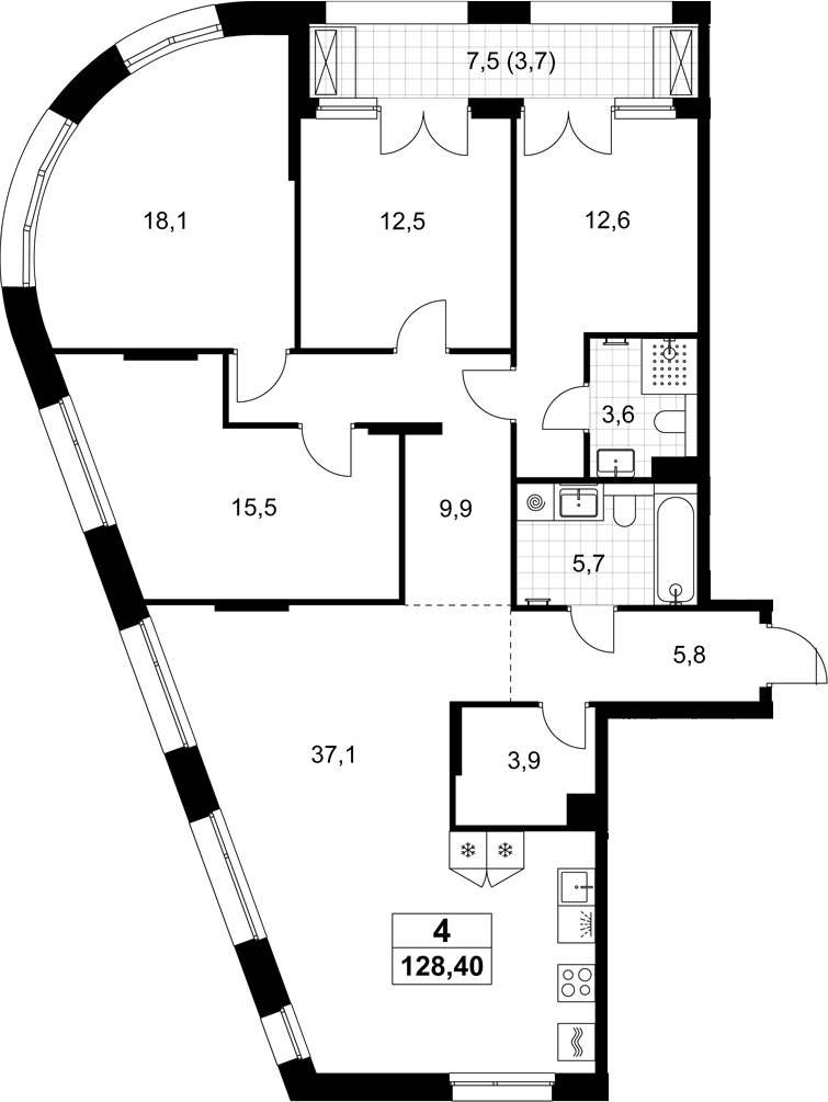 4+ комнаты, 124.7 м², 5/8 этаж, ЖК «Хольм»