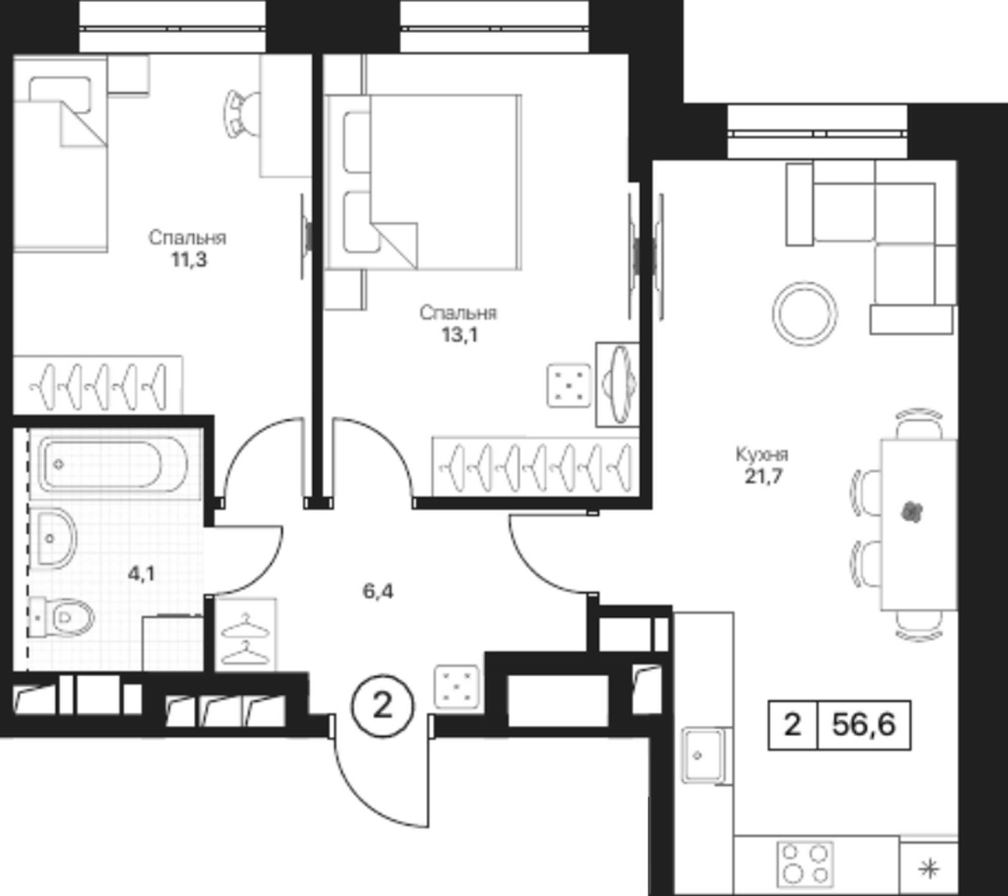 2-комн., 56.6 м², 8/17 этаж, ЖК «Пушкино Град»