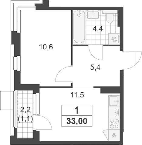 1-комн., 31.9 м², 19/19 этаж, ЖК «Южные сады»