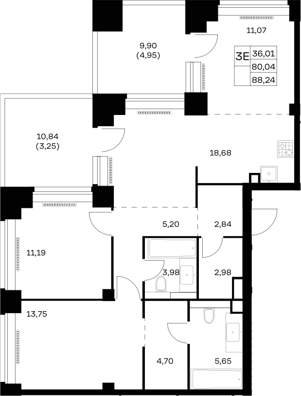 3-комн., 80.04 м², 27/32 этаж, ЖК «НОВА»