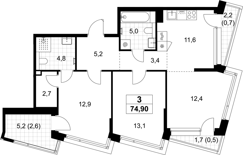 3-комн., 71.1 м², 2/6 этаж, ЖК «Хольм»