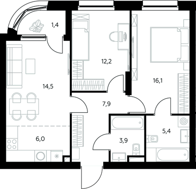 3-комн., 66.6 м², 7/43 этаж, ЖК «Адмирал»