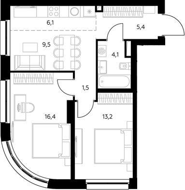 3-комн., 56.4 м², 3/43 этаж, ЖК «Адмирал»