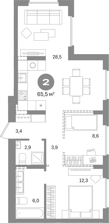 2-комн., 65.5 м², 17/17 этаж, ЖК «Первый квартал. Вторая очередь»