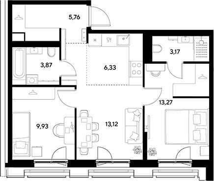 3-комн., 55.45 м², 2/23 этаж, ЖК «ЭВО»