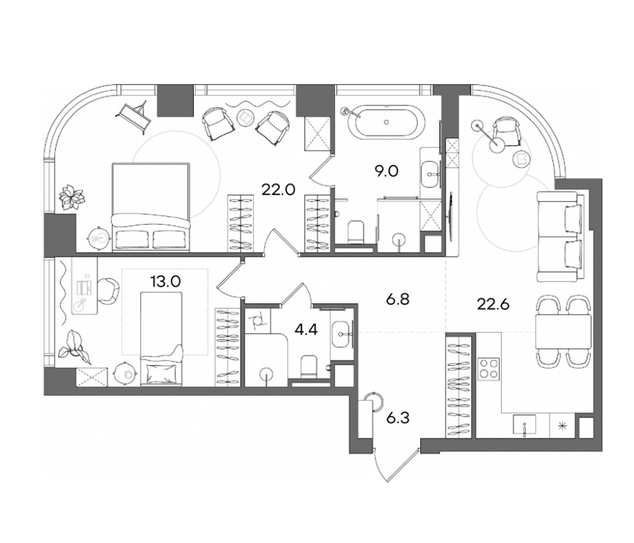 3-комн., 84.1 м², 44/50 этаж, ЖК «СТОУН Блик»