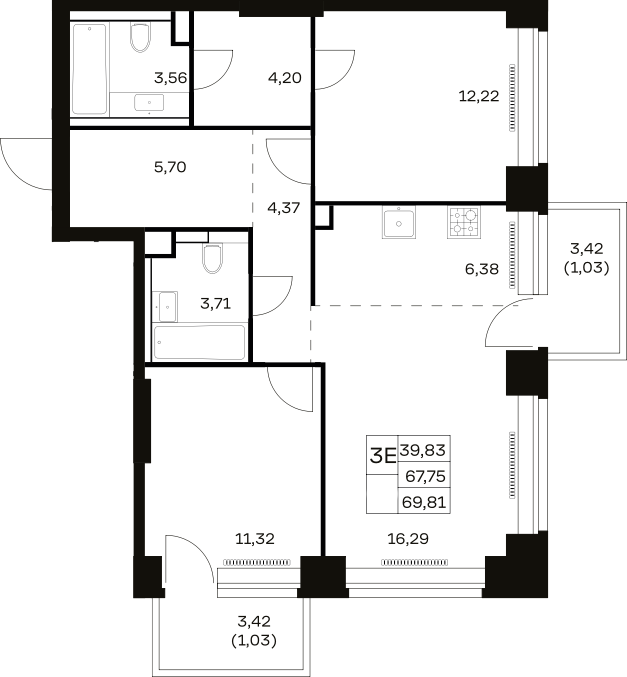 3-комн., 67.75 м², 3/32 этаж, ЖК «НОВА»