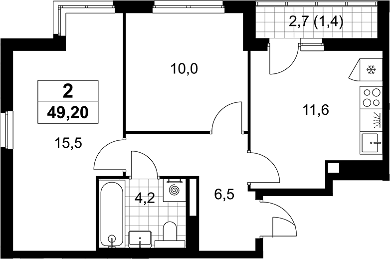 2-комн., 47.8 м², 12/12 этаж, ЖК «Деснаречье»