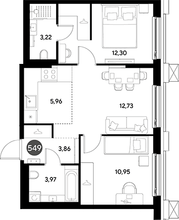 3-комн., 52.99 м², 13/23 этаж, ЖК «ЭВО»