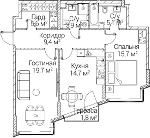 2-комн., 72.85 м², 8/12 этаж, ЖК «СЕЗАР БУДУЩЕЕ»