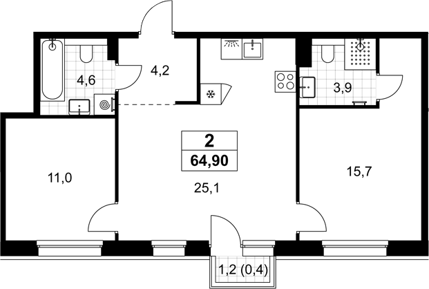 3-комн., 64.5 м², 4/8 этаж, ЖК «Хольм»