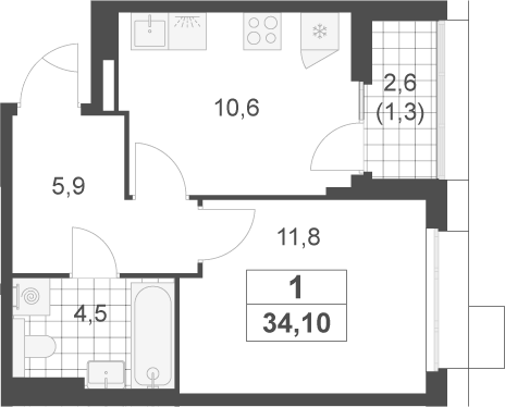1-комн., 32.8 м², 4/17 этаж, ЖК «Скандинавия»