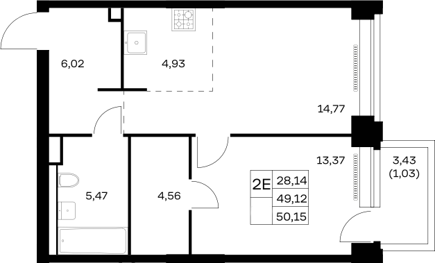 2-комн., 49.12 м², 7/32 этаж, ЖК «НОВА»
