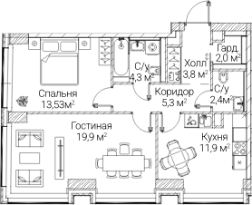 2-комн., 63 м², 22/60 этаж, ЖК «СЕЗАР БУДУЩЕЕ»